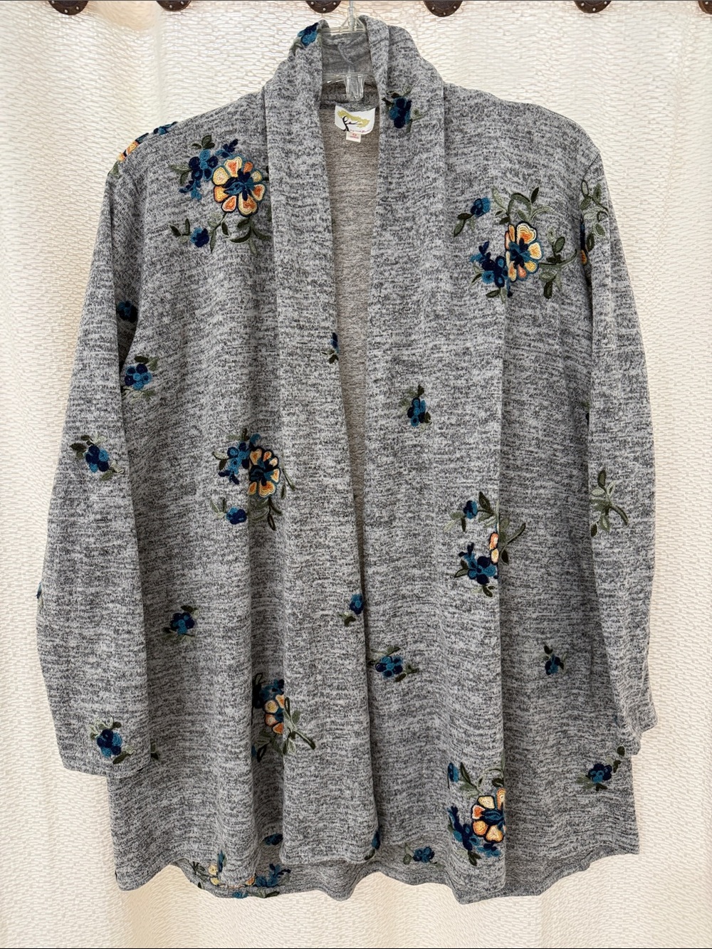 fig and flower Gray Open-Front Cardigan with Blue and Yellow Floral Embroidery